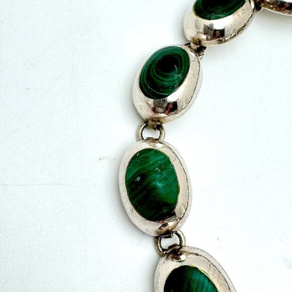 Vtg Mexico 925 Sterling Silver Malachite Bracelet 7.5 Oval Links Toggle Clasp - Picture 11 of 13